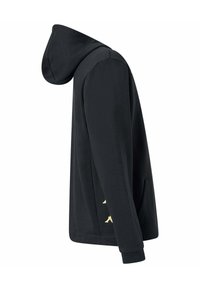 Hoodie nera con una texture liscia, dotata di tasca a marsupio e vista laterale. Dettagli in oro vicino alla vita.