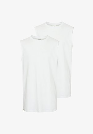 Valged, ilmanvarrukat puuvillased T-särgid ümarate dekoltee ja sirge lõikega, millel on pehme tekstuur. Näidatud on kaks särki.