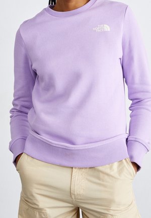 Osoba w jasnofioletowej bluzie The North Face, z rękami w kieszeniach beżowych spodni typu cargo, na jednolitym tle.