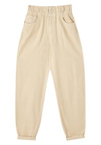 Beżowe spodnie z wysokim stanem, z podwiniętymi mankietami, dwoma przednimi kieszeniami, małą kieszonką na monetę, szlufkami na pasek oraz podwójnym zapięciem na guziki.