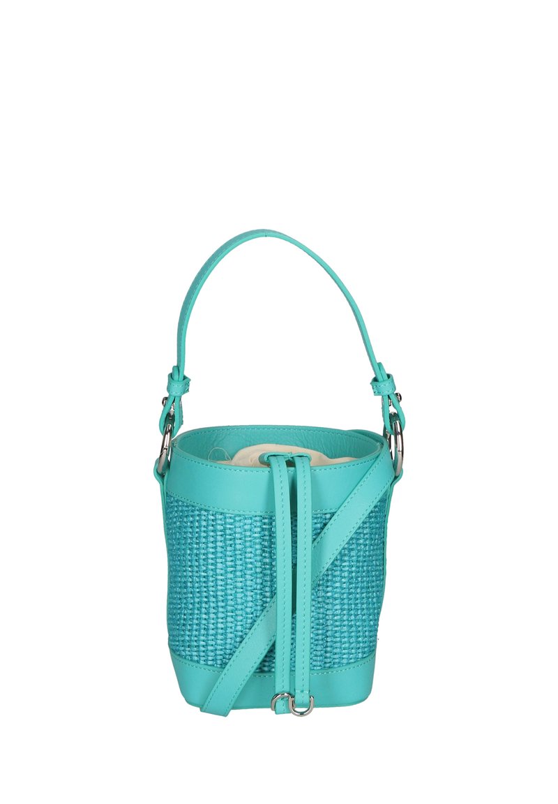 Borsa a secchiello tessuta color turchese con parte superiore in pelle liscia. Dotata di una tracolla removibile e dettagli in metallo argentato. Interno foderato con un materiale leggero.