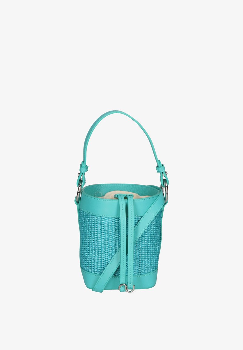 Tegengestelde turquoise geweven emmer tas met een gladde leren bovenkant. Voorzien van een afneembare schouderriem en accenten in zilver. Binnenin gevoerd met een lichte stof.