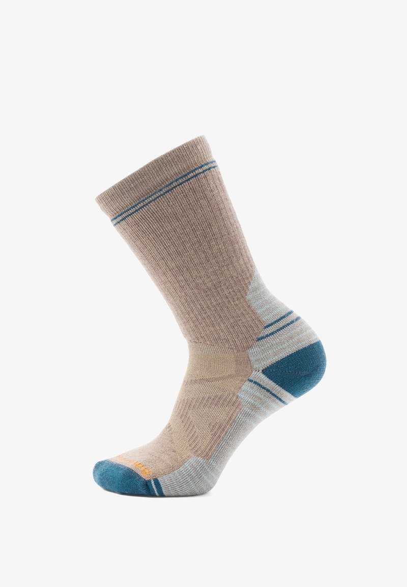 Beige sock with blue and grey accents, ribbed texture, reinforced heel and toe, featuring a two-tone design and striped details at the top.