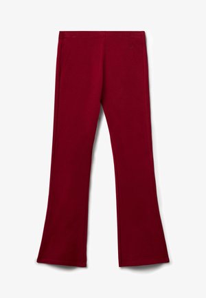 Leggings bordeaux realizzati in tessuto morbido e elastico, con vita aderente e fondo svasato, dotati di un logo sottile vicino alla vita.