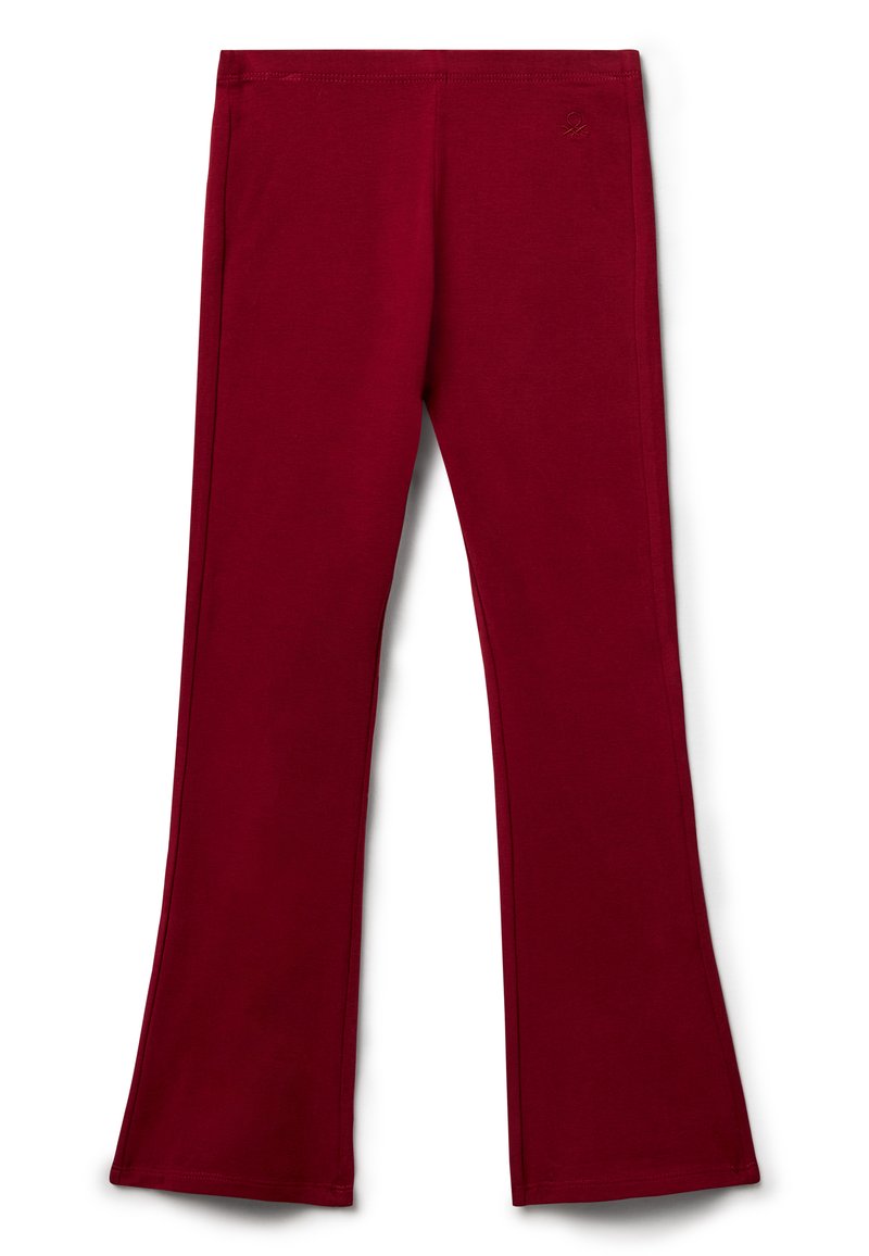 Bordeauxfarbene Leggings aus glattem, dehnbarem Stoff mit einer eng anliegenden Taille und ausgestellten Knöcheln, ausgestattet mit einem dezenten Logo in der Nähe des Bunds.