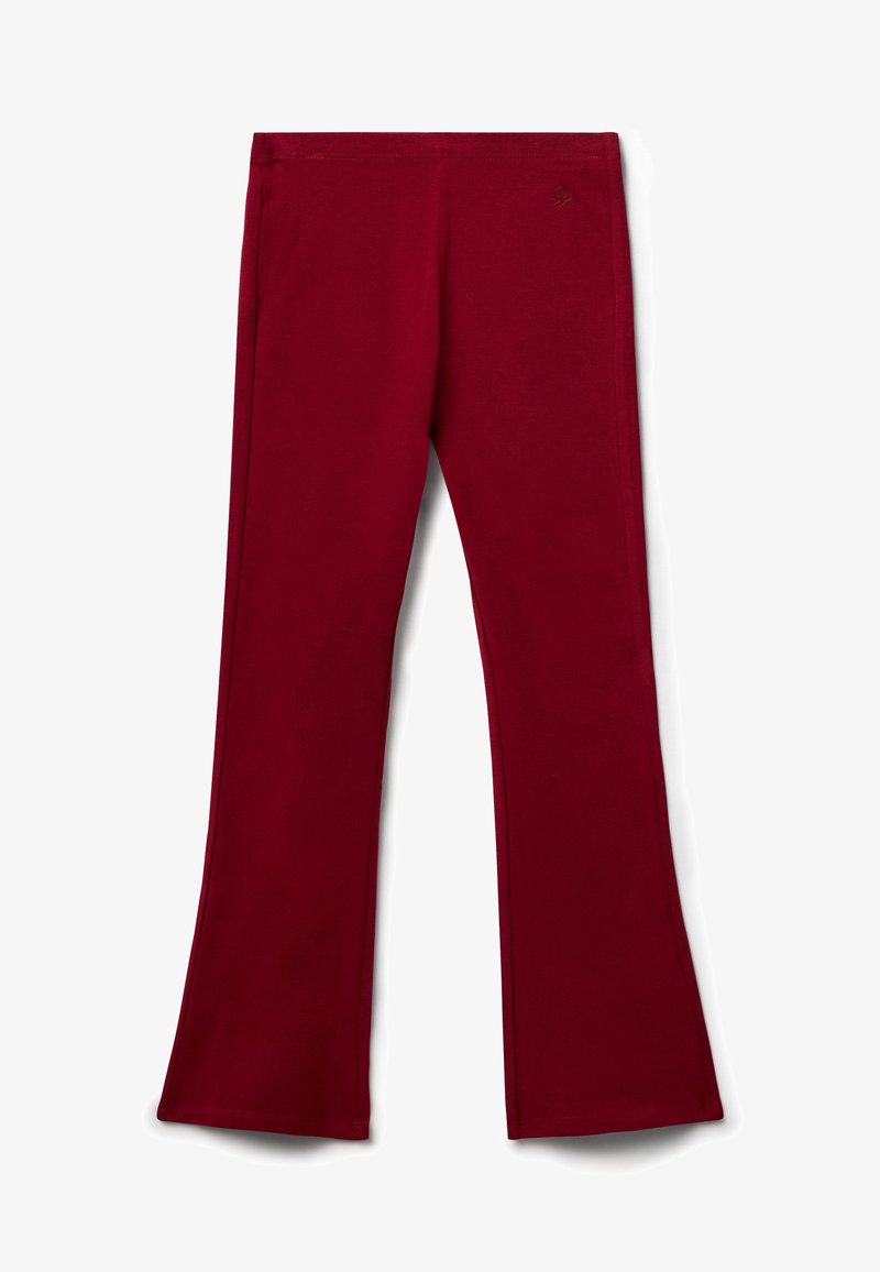 Bordeauxfarbene Leggings aus glattem, dehnbarem Stoff mit einer eng anliegenden Taille und ausgestellten Knöcheln, ausgestattet mit einem dezenten Logo in der Nähe des Bunds.