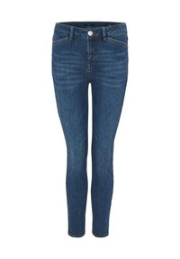 Jean skinny en denim bleu foncé avec taille haute, doté d'un zip et d'une fermeture à bouton à l'avant. Détail de décoloration subtile sur les cuisses.
