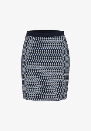 Polvipituinen hame, jossa on laivastonsininen vyötärönauha ja sinisen, valkoisen ja mustan sävyinen teksturoitu timanttikuosi.