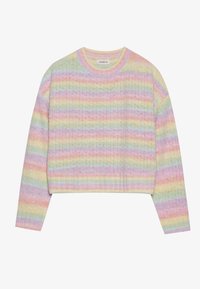 Pull court multicolore avec des rayures pastel en rose, jaune et bleu, une texture côtelée et un col rond.