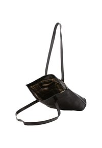 Borsa tote in pelle nera con spalline regolabili. L'interno presenta un motivo a quadri e tasche con zip. Design aperto per un facile accesso.