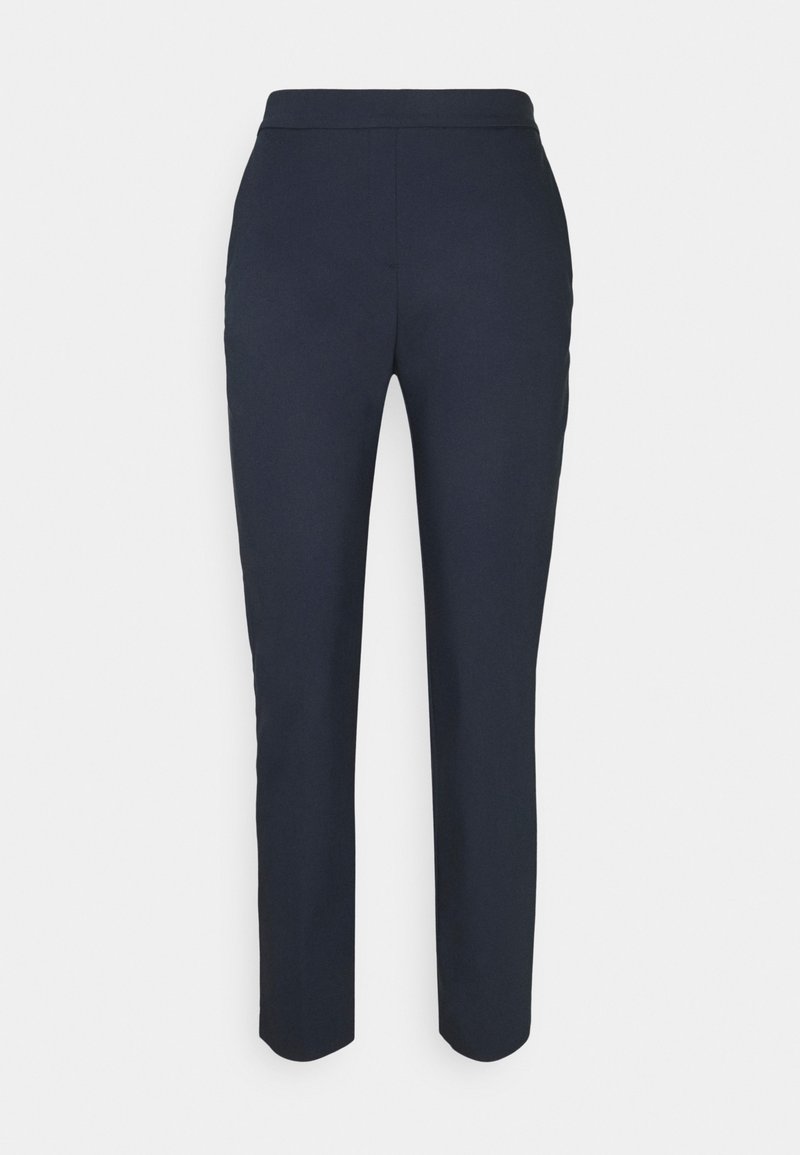 Pantalon slim bleu marine avec taille mi-haute et jambes droites, présenté sur un fond blanc uni.