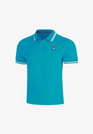 Turquoise short-sleeve polo shirt with white-striped collar and sleeve edges, three buttons, and a small red, white, and black logo on the chest.