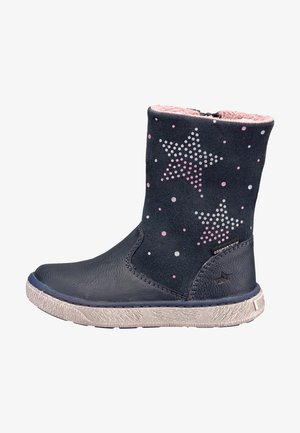 Bottines bleu foncé avec un motif d'étoile en argent, rose et des points blancs. Doublure en polaire, semelle en caoutchouc texturée et fermeture zippée sur le côté.