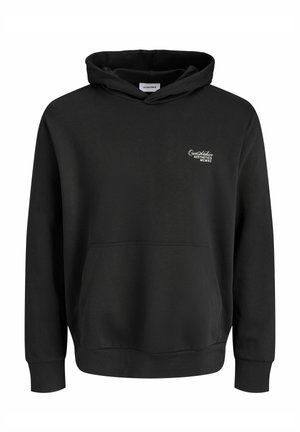 Črna jopa s kapuco, kangaroo žepom, vrvico za zategovanje kape in belim izvezenim logotipom na prsih. Narejena iz gladkega materiala z mešanico bombaža.