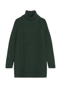 Mørkegrøn strikket sweater med høj turtleneck, lange ærmer og et struktureret, chunky strikdesign.