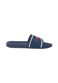 Infradito navy con due strisce bianche, materiale gommoso, design open toe, con un logo rosso sulla cinghia per un tocco di stile.