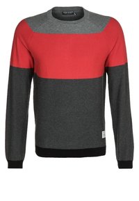 Grå och röd färgblockerad tröja med långa ärmar, rund halsringning och ribbstickade muddar och fåll. Tillverkad av mjukt stickat material.