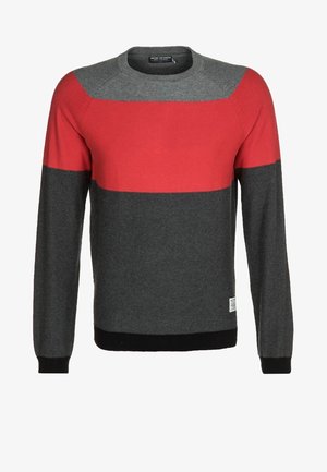 Maglione bicolore grigio e rosso, con maniche lunghe, scollo rotondo e polsini e orlo a coste. Realizzato in morbido materiale lavorato a maglia.