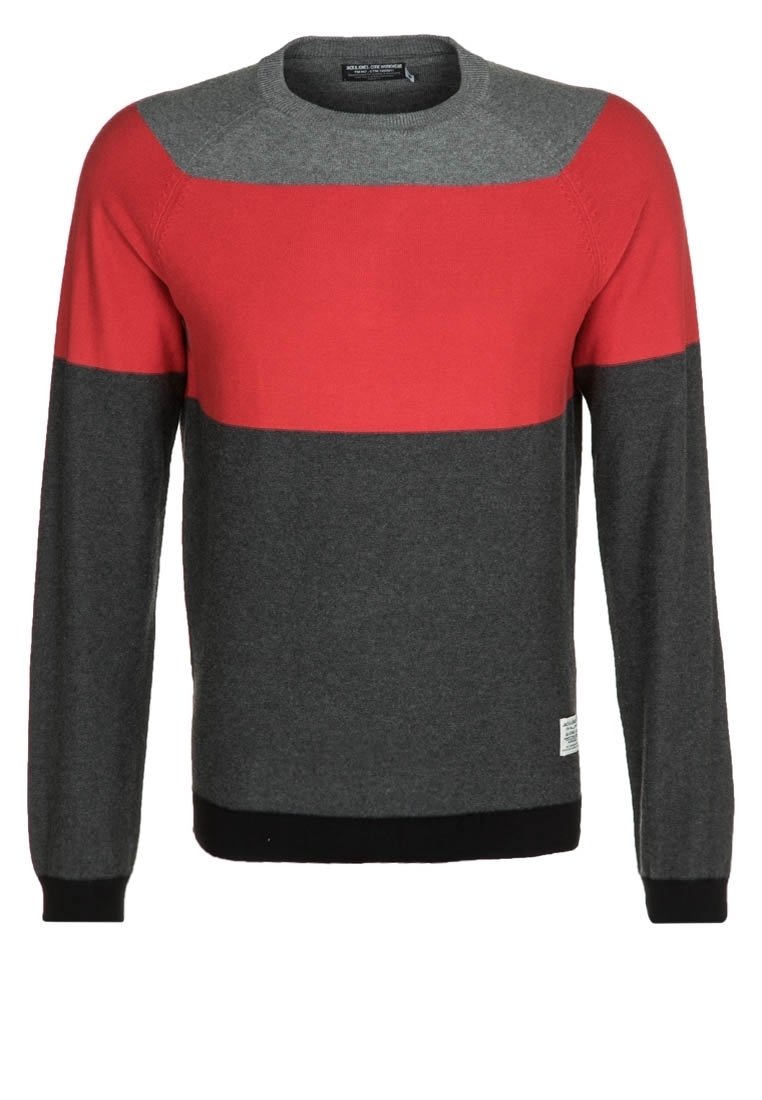 Grå och röd färgblockerad tröja med långa ärmar, rund halsringning och ribbstickade muddar och fåll. Tillverkad av mjukt stickat material.