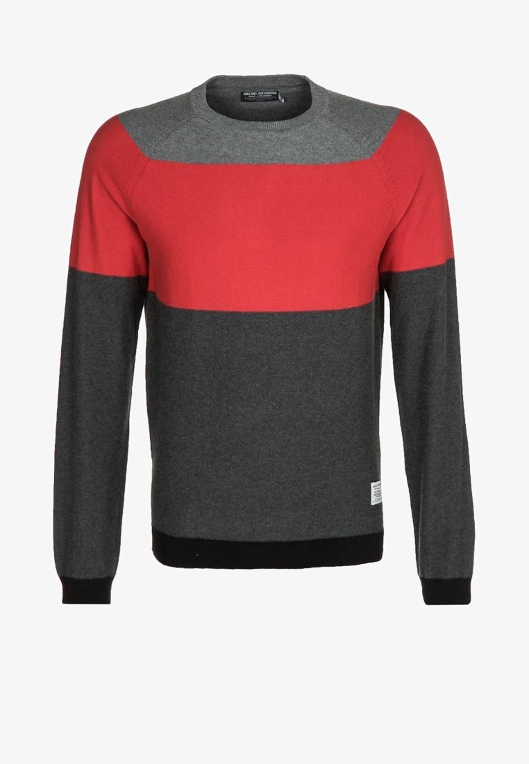 Grau-rot kontrastierender Pullover mit langen Ärmeln, rundem Ausschnitt sowie gerippten Bündchen und Saum. Hergestellt aus weichem Strickmaterial.