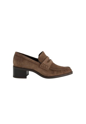 Brown suede low heel loafer with stitched toe detail and a strap across the top, set against a white background.