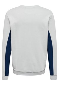 Lysegrå sweatshirt med lange marineblå sidepaneler, rund hals, ribbede manchetter og kant. Glat tekstur med afslappet pasform.