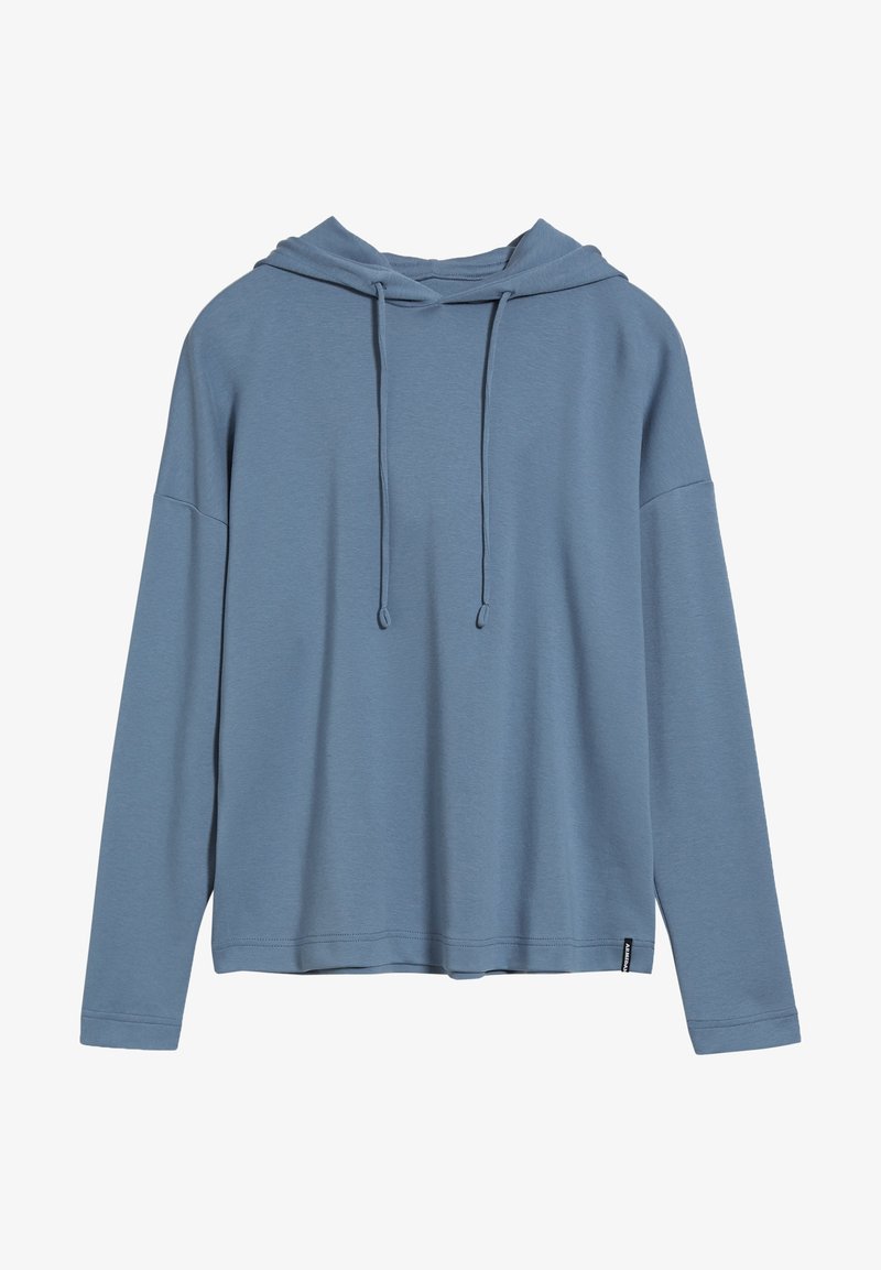 Hoodie à manches longues bleu clair avec cordons, coupe décontractée et petite étiquette de marque noire sur l'ourlet inférieur sur fond blanc.
