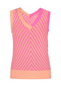 Stickad  ärmlös topp med V-ringning, växlande rosa och orange chevronmönster samt texturerade ribbkanter vid halsringningen och fållen.