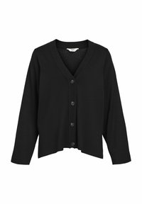 Cardigan nero con scollatura a V, orlo corto e maniche lunghe. Presenta sei bottoni neri sulla parte anteriore, realizzato in un morbido materiale a maglia.