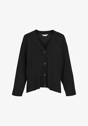 Schwarze Strickjacke mit V-Ausschnitt, verkürztem Saum und langen Ärmeln. Mit sechs schwarzen Knöpfen auf der Vorderseite, gefertigt aus einem weichen Strickmaterial.