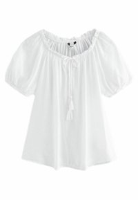 White cotton blouse with short puff sleeves, elastic neckline, and drawstring with tassels. Lightweight, airy fabric with a relaxed fit.