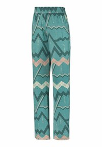 Lightweight teal pants featuring zigzag patterns in black, white, and pink. Elastic waistband with a relaxed fit and straight legs.