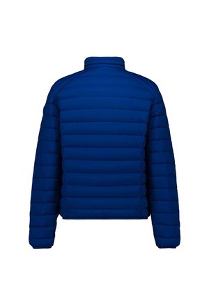 Chaqueta acolchada azul con relleno, de manga larga y cuello alto, vista desde atrás sobre un fondo blanco.