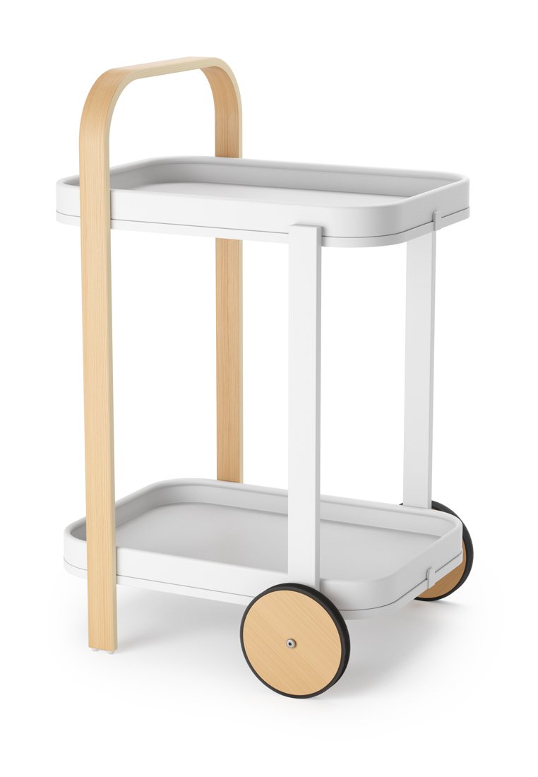Weißer Servierwagen mit einer glatten, rechteckigen oberen Ablage, Holzgriff und runden Holzrädern. Verfügt über ein minimalistisches Design und offene Regale.