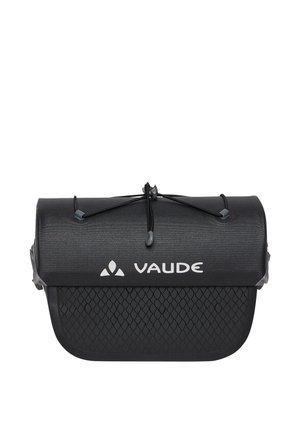 Sacoche de guidon de vélo Vaude noire avec fermeture roulante et poche avant élastique en filet, isolée sur fond blanc.