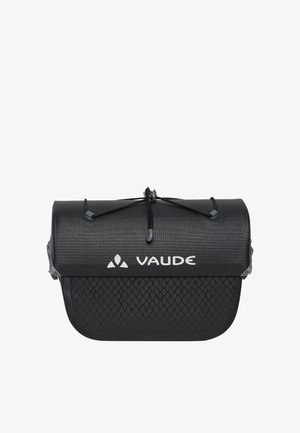 Sacoche de guidon de vélo Vaude noire avec fermeture roulante et poche avant élastique en filet, isolée sur fond blanc.