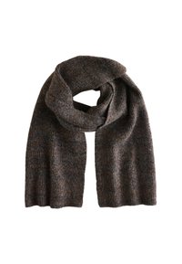 Bruin en grijs gebreide wollen sjaal, opgevouwen met een lus in het midden, die zachte, gestructureerde stof toont.