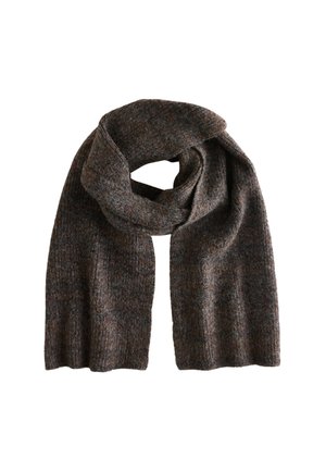 Bufanda de lana tejida en marrón y gris, doblada con un lazo en el centro, mostrando una tela de textura suave.