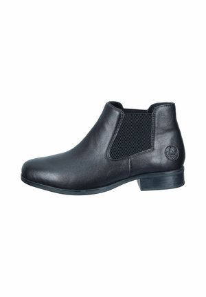 Schwarze Lederstiefelette mit elastischen seitlichen Einsätzen, runder Zehenpartie, flachem Absatz und Logodetail an der Außenseite. Glatte Textur und elegantes Design.