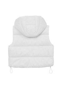 Gilet bianco imbottito senza maniche con cappuccio e coulisse regolabile all'orlo, mostrato da dietro su uno sfondo semplice.