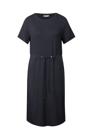 Robe courte à manches courtes de couleur bleu marine foncé en tissu doux, dotée d'une taille à cordon de serrage, d'une coupe ample et d'une longueur au genou.