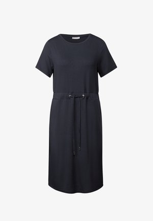 Robe courte à manches courtes de couleur bleu marine foncé en tissu doux, dotée d'une taille à cordon de serrage, d'une coupe ample et d'une longueur au genou.