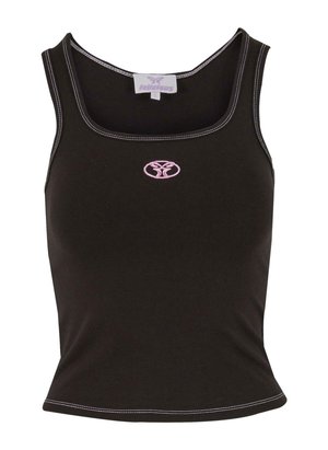 Black sleeveless tank top made from cotton, featuring a rounded neckline, light pink logo on the chest, and white stitching accents.