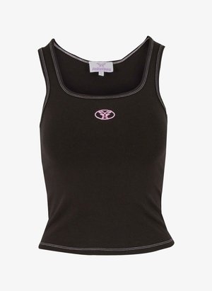 Black sleeveless tank top made from cotton, featuring a rounded neckline, light pink logo on the chest, and white stitching accents.