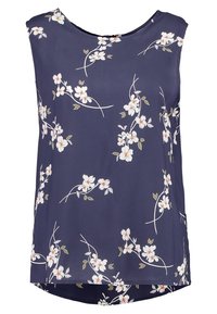 Mörkblå ärmlös blus i lätt tyg, med vita blommönster och gröna blad samt en hög-låg fåll.
