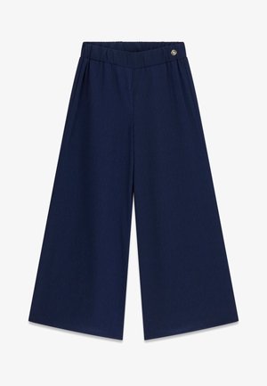 Marineblauwe wijde cropped broek met elastische tailleband en kleine decoratieve gouden knoop aan de rechterzijde.