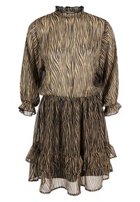 Tiered Rüschensaumkleid im Tierdruck in Beige und Schwarz, aus transparentem Stoff, mit hohem Rüschenausschnitt, Ballonärmeln und fließender Silhouette.