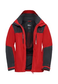 Red waterproof jacket with gray accents, full zip, high collar, and two zippered pockets. Interior features a mesh lining for breathability.