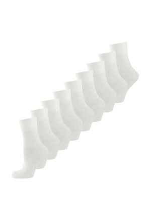Calzini alla caviglia bianchi in cotone disposti in fila, con una parte superiore a costine e una texture liscia, punta arrotondata e senza motivi visibili.