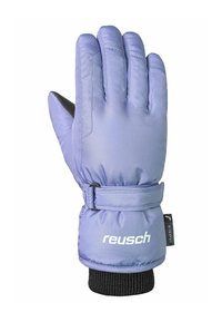 Purppura eristetty käsine mustalla elastisella hihalla, joka sisältää kiristysremmin ja tekstuurilla varustetun kämmenen pidon parantamiseksi, brändätty "reusch"-tekstillä valkoisena.